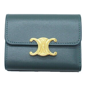 Celine Triomphe Compact Wallet Tri fold Calfskin Leather Green